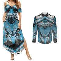 Aotearoa Iwi Ngati Porou Personalised Couples Matching Summer Maxi Dress and Long Sleeve Button Shirt Maori Kowhaiwhai Pattern LT19 Blue - Polynesian Pride