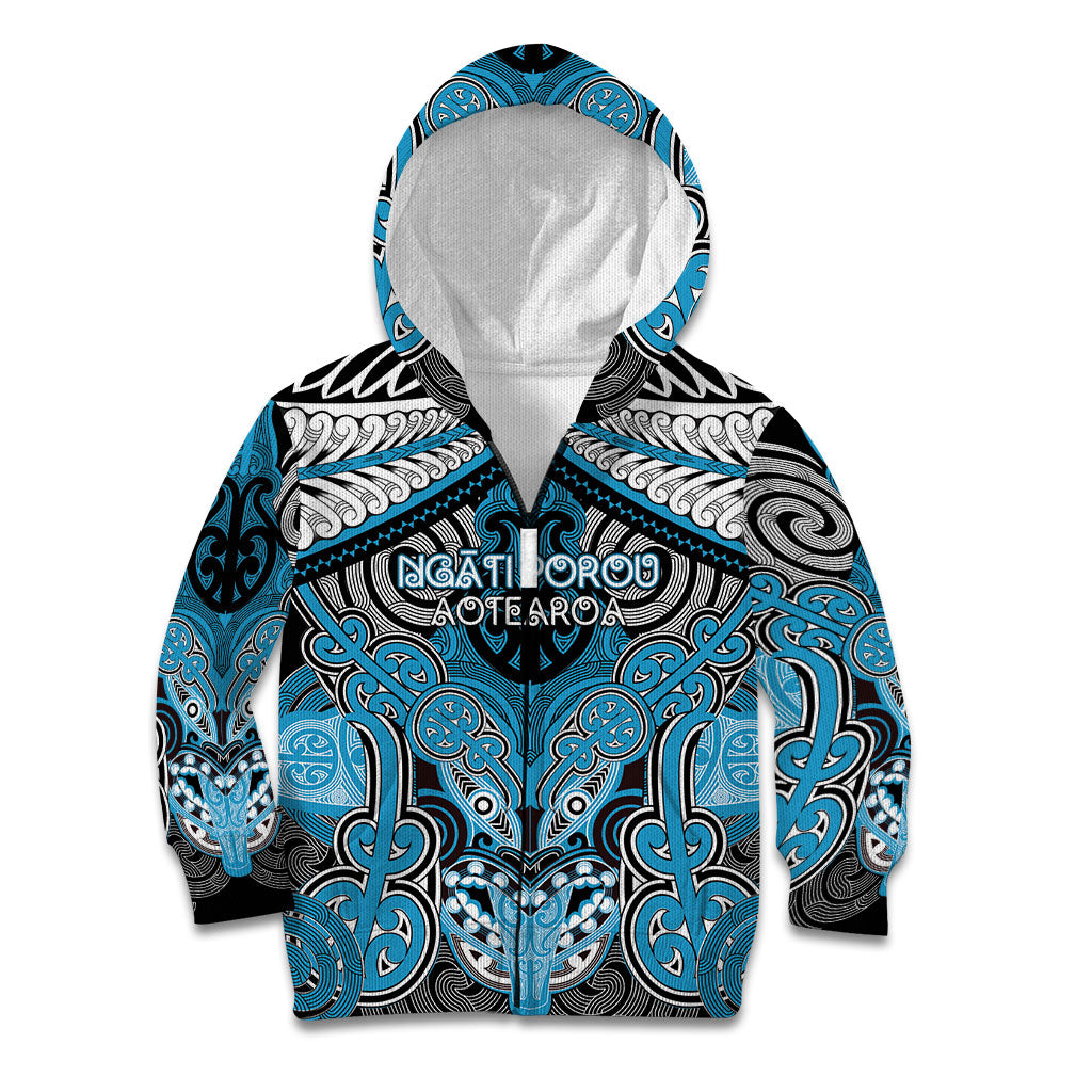Aotearoa Iwi Ngati Porou Personalised Kid Hoodie Maori Kowhaiwhai Pattern LT19 Zip Hoodie Blue - Polynesian Pride