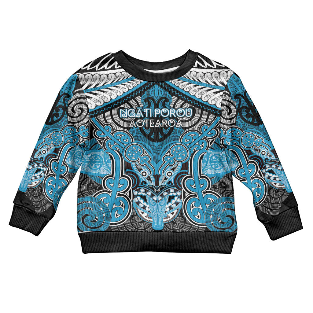 Aotearoa Iwi Ngati Porou Personalised Kid Ugly Christmas Sweater Maori Kowhaiwhai Pattern LT19 Kid Blue - Polynesian Pride