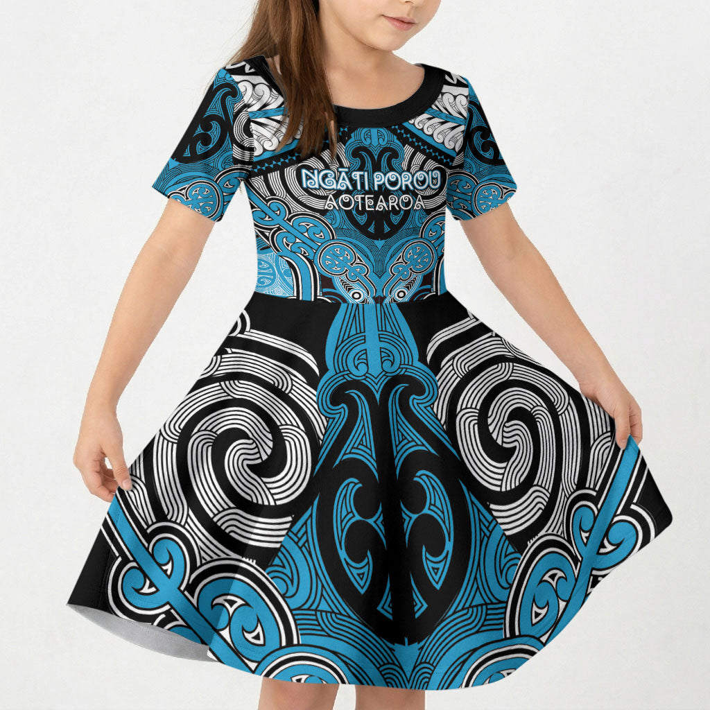Aotearoa Iwi Ngati Porou Personalised Kid Short Sleeve Dress Maori Kowhaiwhai Pattern LT19 KID Blue - Polynesian Pride