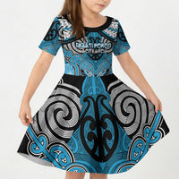 Aotearoa Iwi Ngati Porou Personalised Kid Short Sleeve Dress Maori Kowhaiwhai Pattern LT19 KID Blue - Polynesian Pride