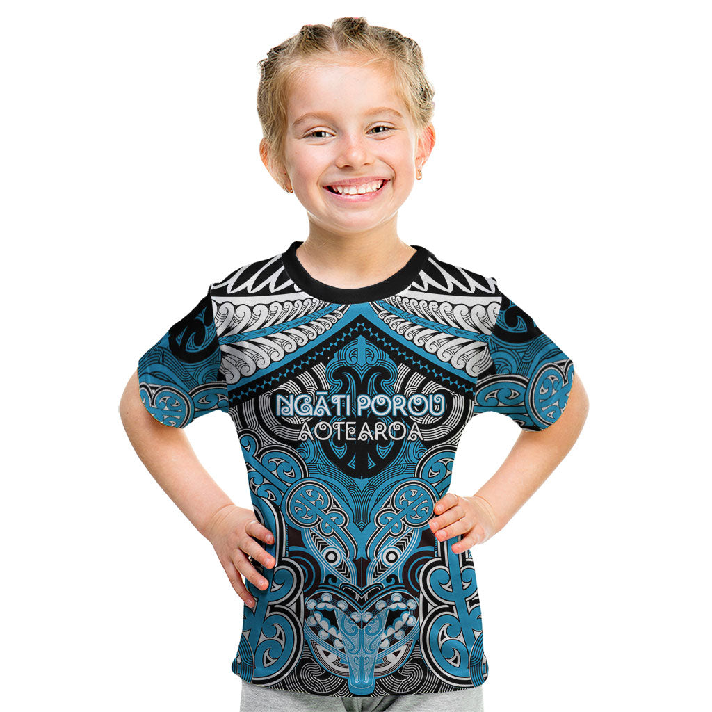 Aotearoa Iwi Ngati Porou Personalised Kid T Shirt Maori Kowhaiwhai Pattern LT19 Blue - Polynesian Pride
