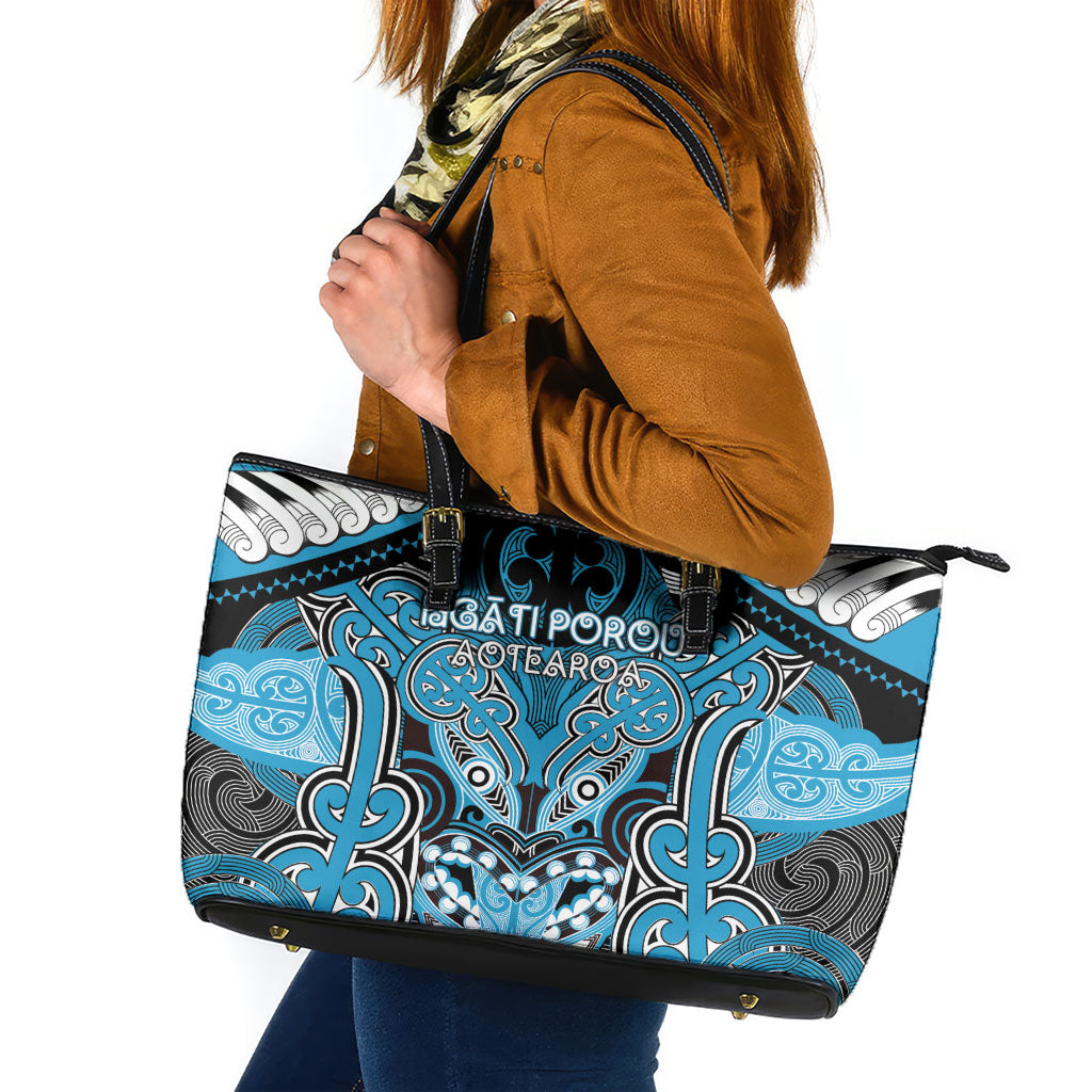 Aotearoa Iwi Ngati Porou Leather Tote Bag Maori Kowhaiwhai Pattern LT19 Blue - Polynesian Pride