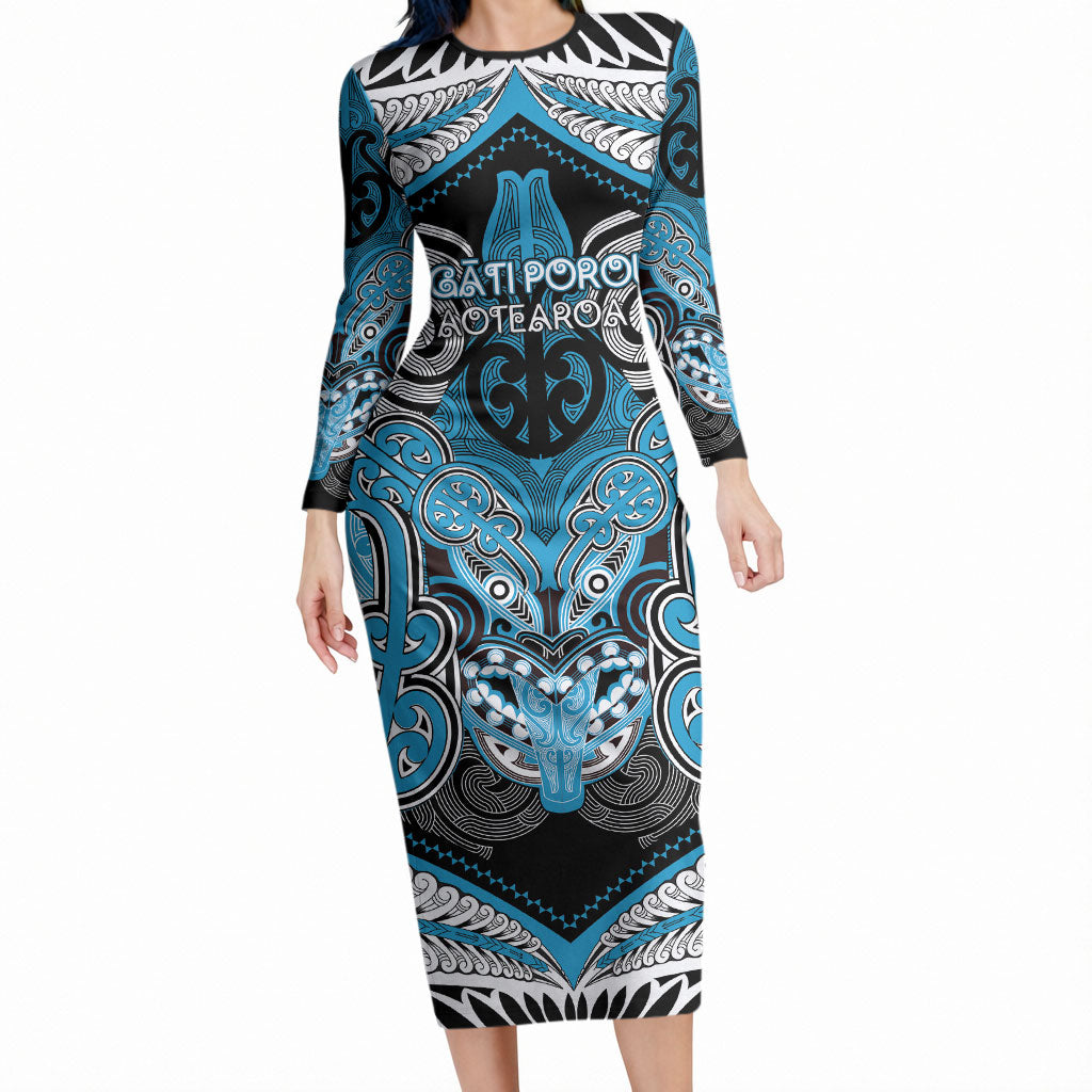 Aotearoa Iwi Ngati Porou Personalised Long Sleeve Bodycon Dress Maori Kowhaiwhai Pattern LT19 Long Dress Blue - Polynesian Pride