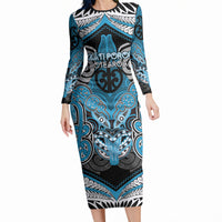 Aotearoa Iwi Ngati Porou Personalised Long Sleeve Bodycon Dress Maori Kowhaiwhai Pattern LT19 Long Dress Blue - Polynesian Pride