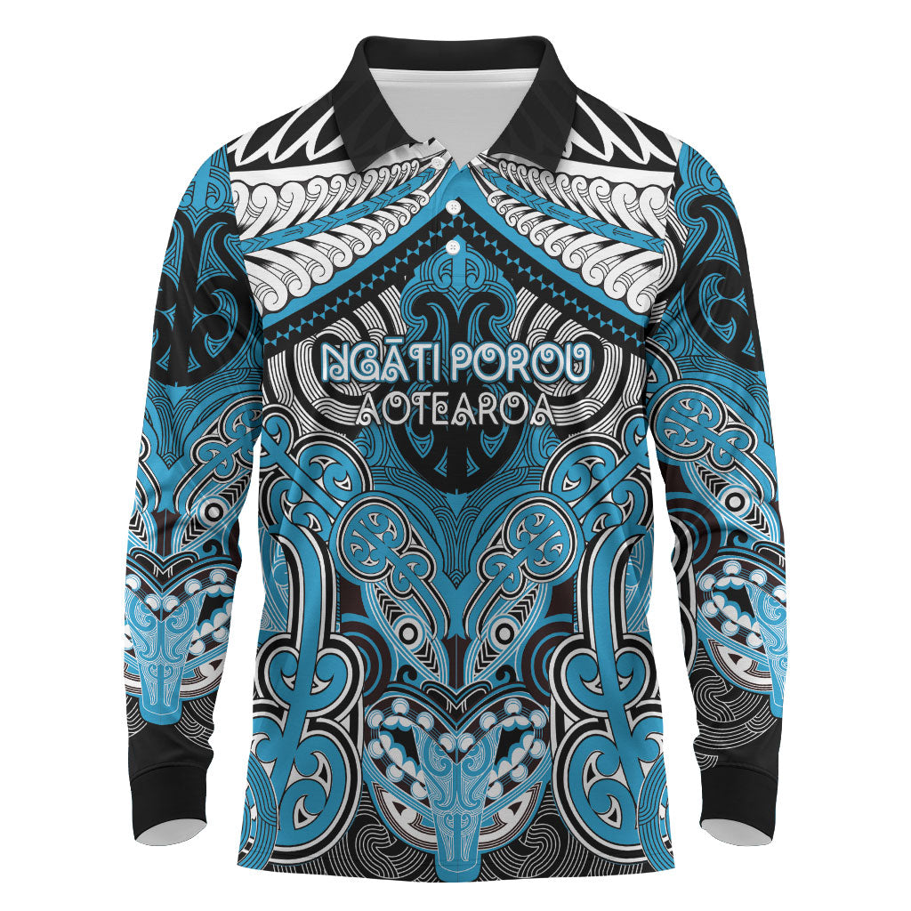 Aotearoa Iwi Ngati Porou Personalised Long Sleeve Polo Shirt Maori Kowhaiwhai Pattern LT19 Blue - Polynesian Pride
