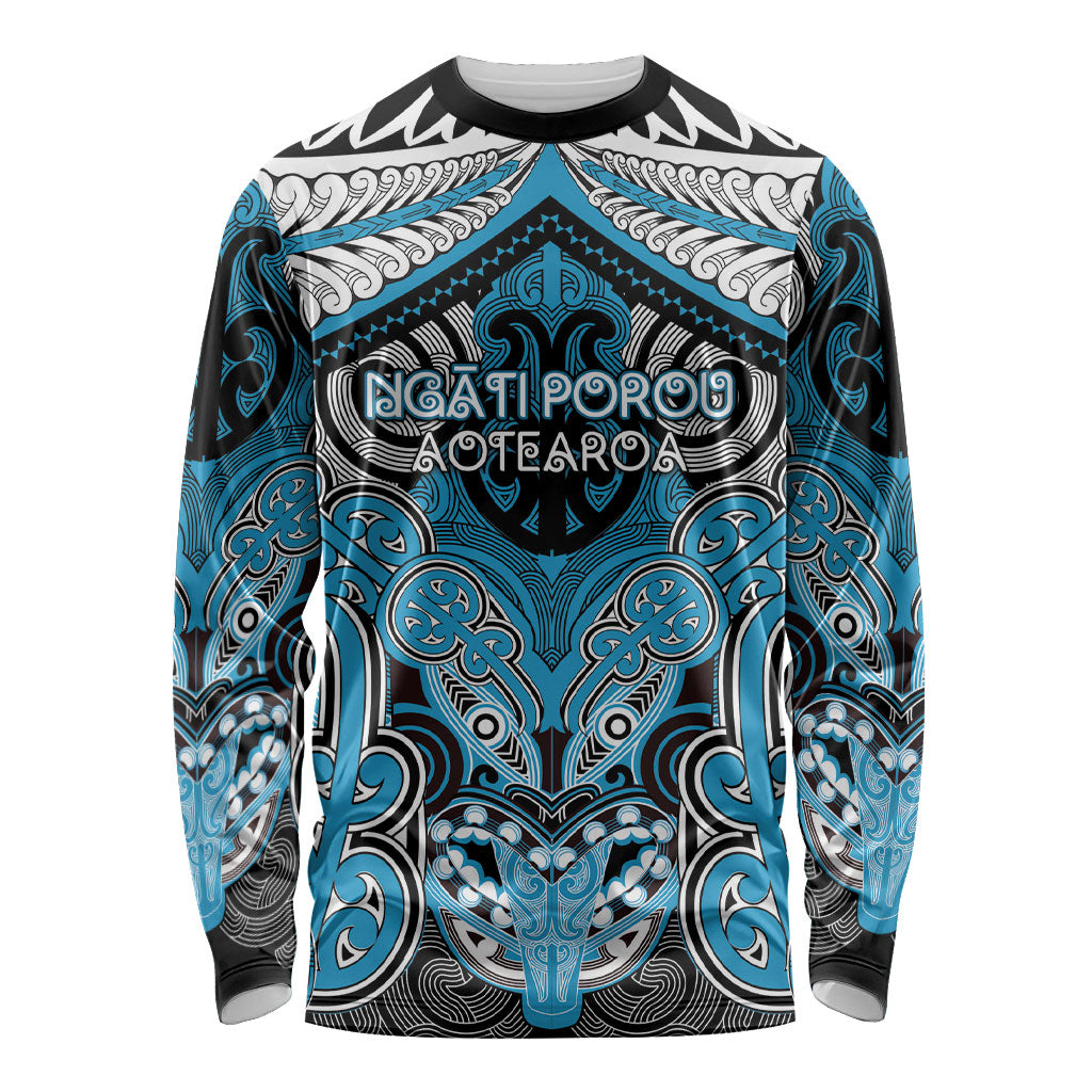 Aotearoa Iwi Ngati Porou Personalised Long Sleeve Shirt Maori Kowhaiwhai Pattern LT19 Unisex Blue - Polynesian Pride