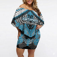 Aotearoa Iwi Ngati Porou Personalised Off Shoulder Short Dress Maori Kowhaiwhai Pattern LT19 Women Blue - Polynesian Pride