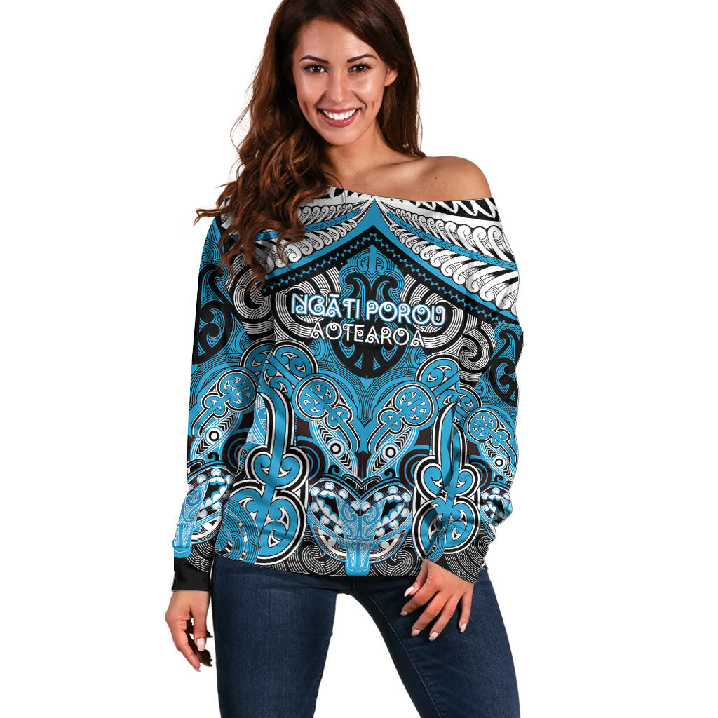 Aotearoa Iwi Ngati Porou Personalised Off Shoulder Sweater Maori Kowhaiwhai Pattern LT19 Women Blue - Polynesian Pride