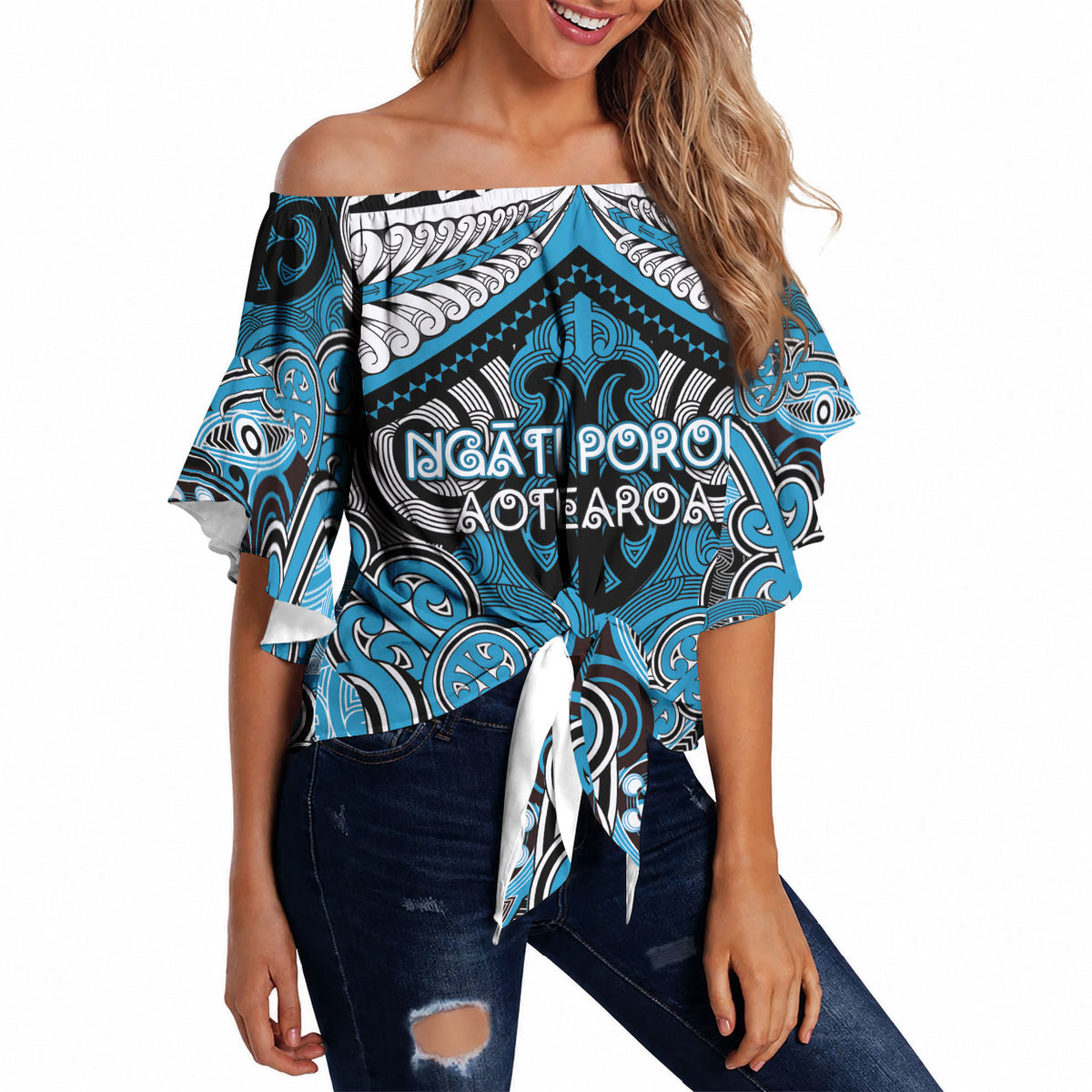 Aotearoa Iwi Ngati Porou Personalised Off Shoulder Wrap Waist Top Maori Kowhaiwhai Pattern LT19 Blue - Polynesian Pride