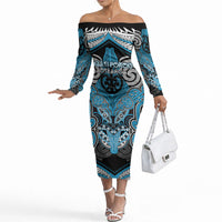 Aotearoa Iwi Ngati Porou Personalised Off The Shoulder Long Sleeve Dress Maori Kowhaiwhai Pattern LT19 Women Blue - Polynesian Pride