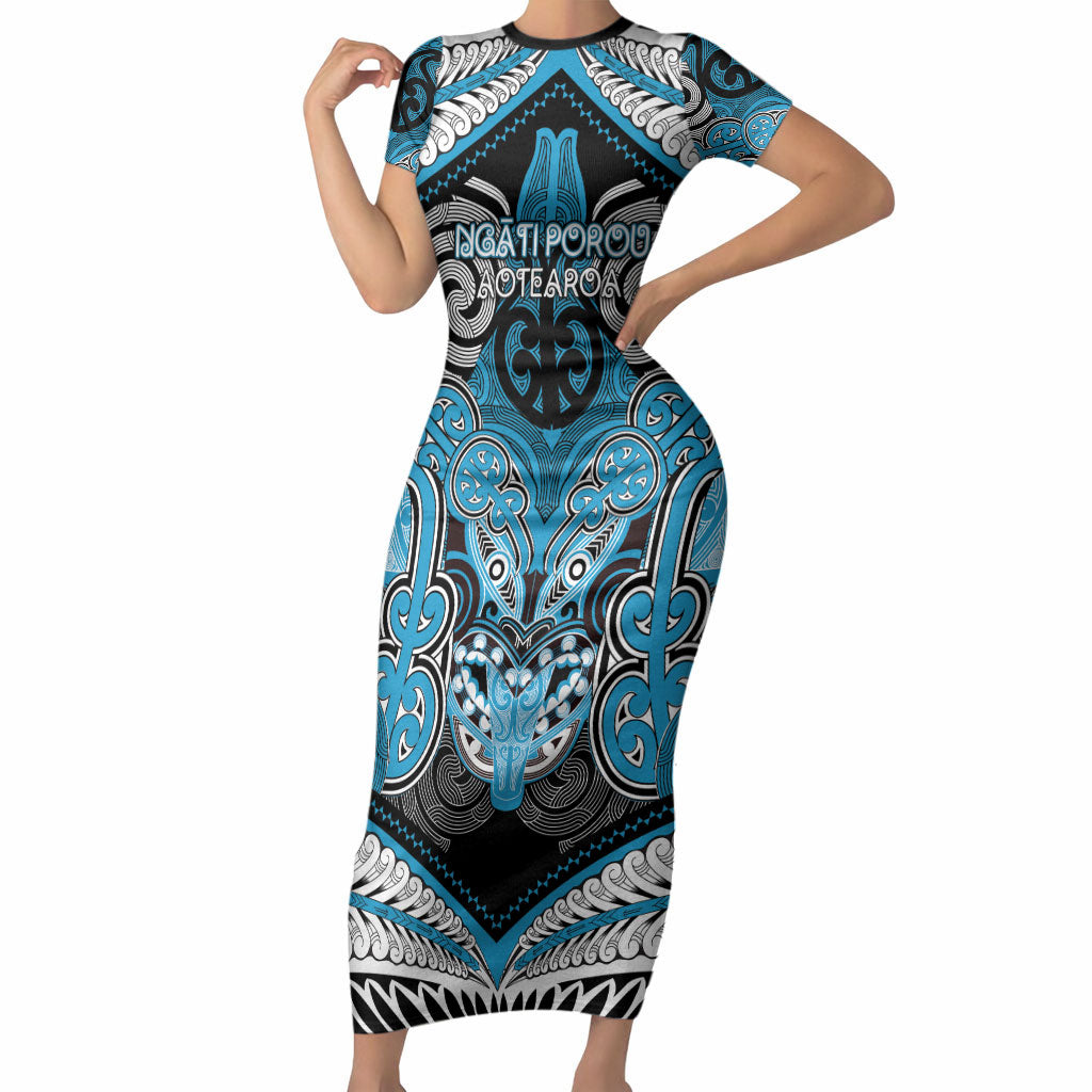 Aotearoa Iwi Ngati Porou Personalised Short Sleeve Bodycon Dress Maori Kowhaiwhai Pattern LT19 Long Dress Blue - Polynesian Pride