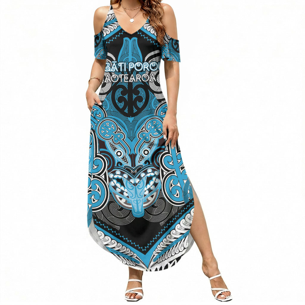 Aotearoa Iwi Ngati Porou Personalised Summer Maxi Dress Maori Kowhaiwhai Pattern LT19 Women Blue - Polynesian Pride
