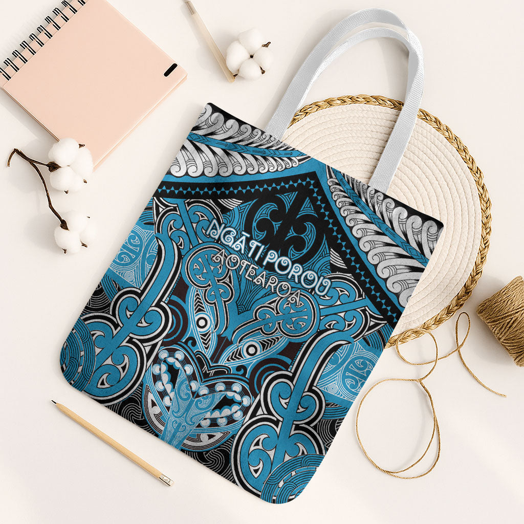 Aotearoa Iwi Ngati Porou Tote Bag Maori Kowhaiwhai Pattern LT19 White Strap One Size Blue - Polynesian Pride