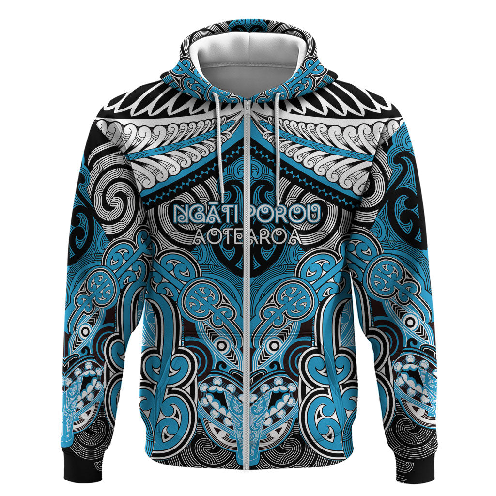 Aotearoa Iwi Ngati Porou Personalised Zip Hoodie Maori Kowhaiwhai Pattern LT19 Zip Hoodie Blue - Polynesian Pride