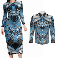Aotearoa Iwi Ngati Kahungunu Personalised Couples Matching Long Sleeve Bodycon Dress and Long Sleeve Button Shirt Maori Kowhaiwhai Pattern LT19 Blue - Polynesian Pride