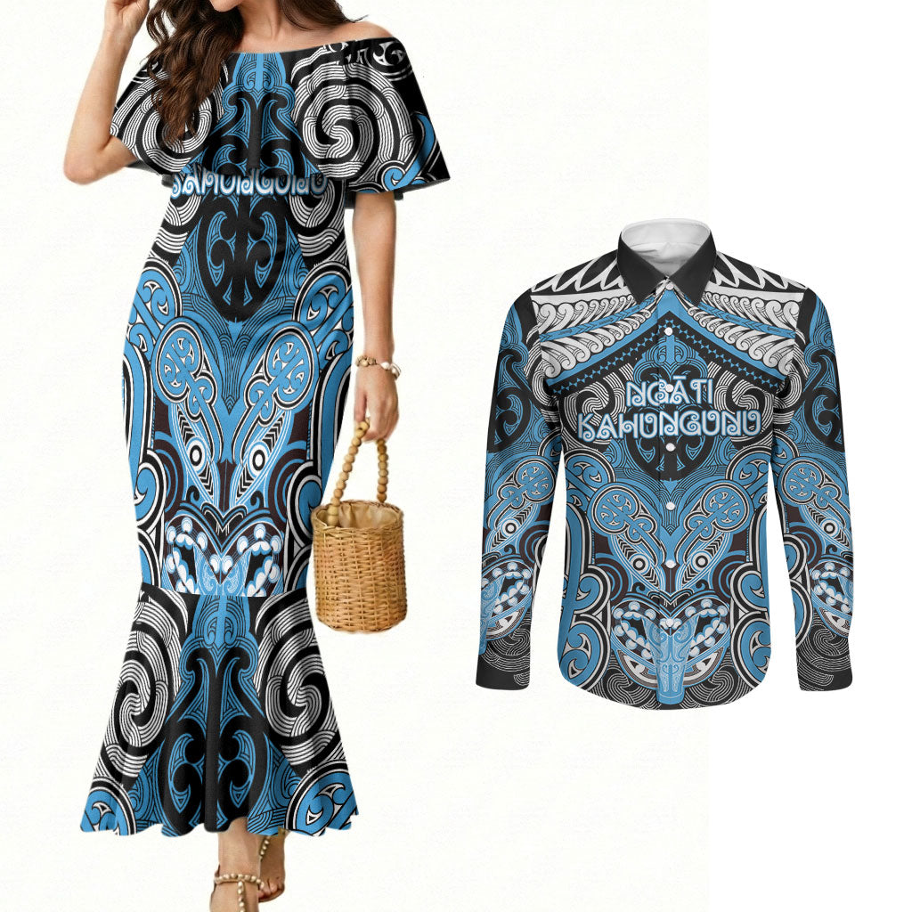 Aotearoa Iwi Ngati Kahungunu Personalised Couples Matching Mermaid Dress and Long Sleeve Button Shirt Maori Kowhaiwhai Pattern LT19 Blue - Polynesian Pride