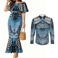 Aotearoa Iwi Ngati Kahungunu Personalised Couples Matching Mermaid Dress and Long Sleeve Button Shirt Maori Kowhaiwhai Pattern LT19 Blue - Polynesian Pride