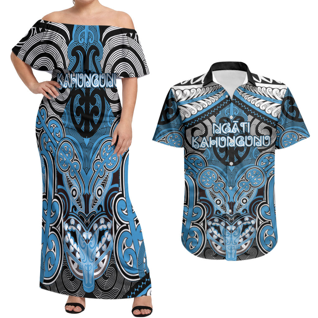 Aotearoa Iwi Ngati Kahungunu Personalised Couples Matching Off Shoulder Maxi Dress and Hawaiian Shirt Maori Kowhaiwhai Pattern LT19 Blue - Polynesian Pride