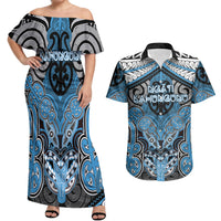 Aotearoa Iwi Ngati Kahungunu Personalised Couples Matching Off Shoulder Maxi Dress and Hawaiian Shirt Maori Kowhaiwhai Pattern LT19 Blue - Polynesian Pride