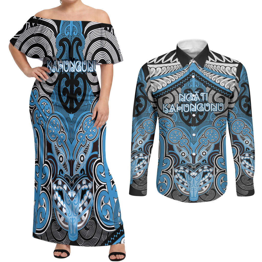 Aotearoa Iwi Ngati Kahungunu Personalised Couples Matching Off Shoulder Maxi Dress and Long Sleeve Button Shirt Maori Kowhaiwhai Pattern LT19 Blue - Polynesian Pride
