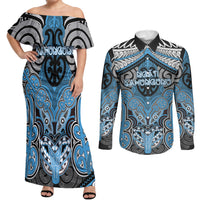 Aotearoa Iwi Ngati Kahungunu Personalised Couples Matching Off Shoulder Maxi Dress and Long Sleeve Button Shirt Maori Kowhaiwhai Pattern LT19 Blue - Polynesian Pride