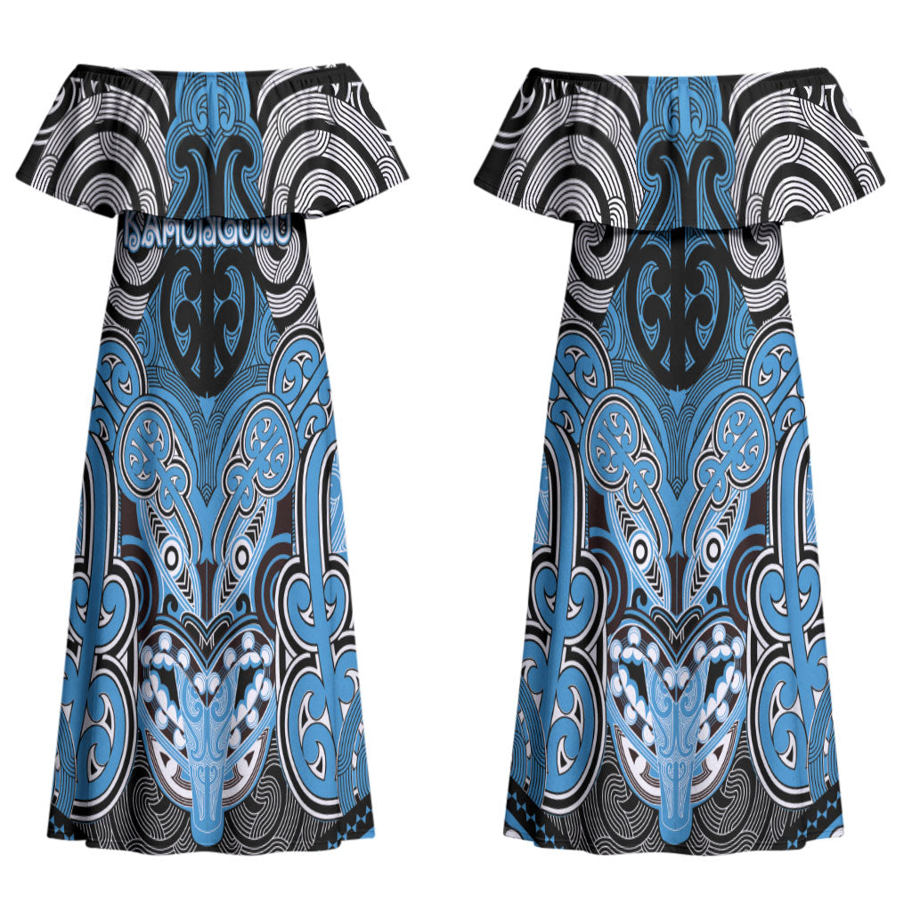 Aotearoa Iwi Ngati Kahungunu Personalised Couples Matching Off Shoulder Maxi Dress and Long Sleeve Button Shirt Maori Kowhaiwhai Pattern LT19 - Polynesian Pride