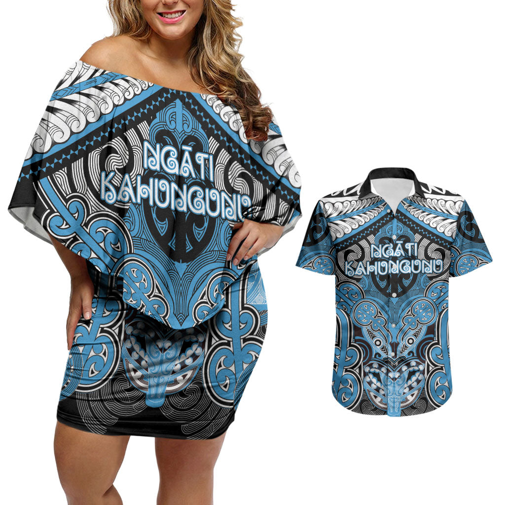 Aotearoa Iwi Ngati Kahungunu Personalised Couples Matching Off Shoulder Short Dress and Hawaiian Shirt Maori Kowhaiwhai Pattern LT19 Blue - Polynesian Pride
