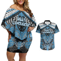 Aotearoa Iwi Ngati Kahungunu Personalised Couples Matching Off Shoulder Short Dress and Hawaiian Shirt Maori Kowhaiwhai Pattern LT19 Blue - Polynesian Pride