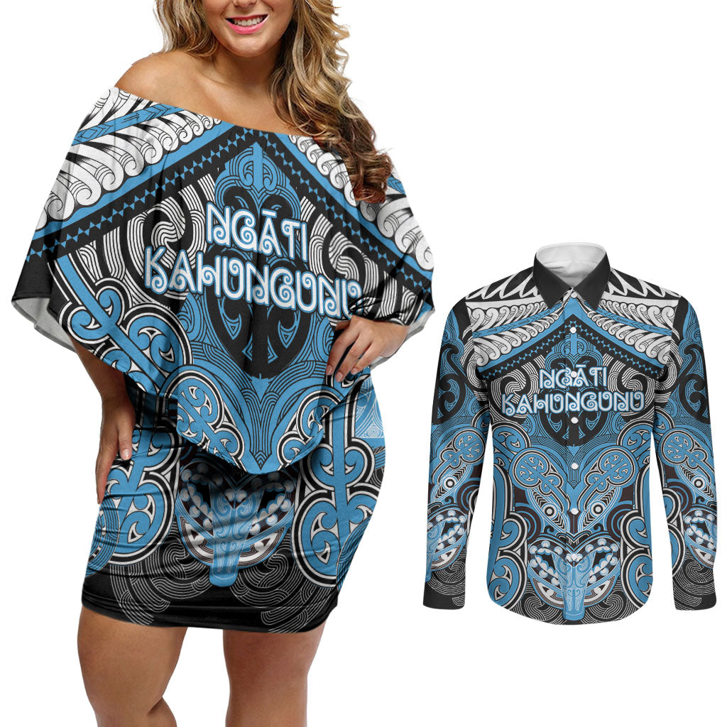 Aotearoa Iwi Ngati Kahungunu Personalised Couples Matching Off Shoulder Short Dress and Long Sleeve Button Shirt Maori Kowhaiwhai Pattern LT19 Blue - Polynesian Pride