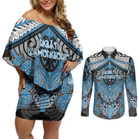Aotearoa Iwi Ngati Kahungunu Personalised Couples Matching Off Shoulder Short Dress and Long Sleeve Button Shirt Maori Kowhaiwhai Pattern LT19 Blue - Polynesian Pride