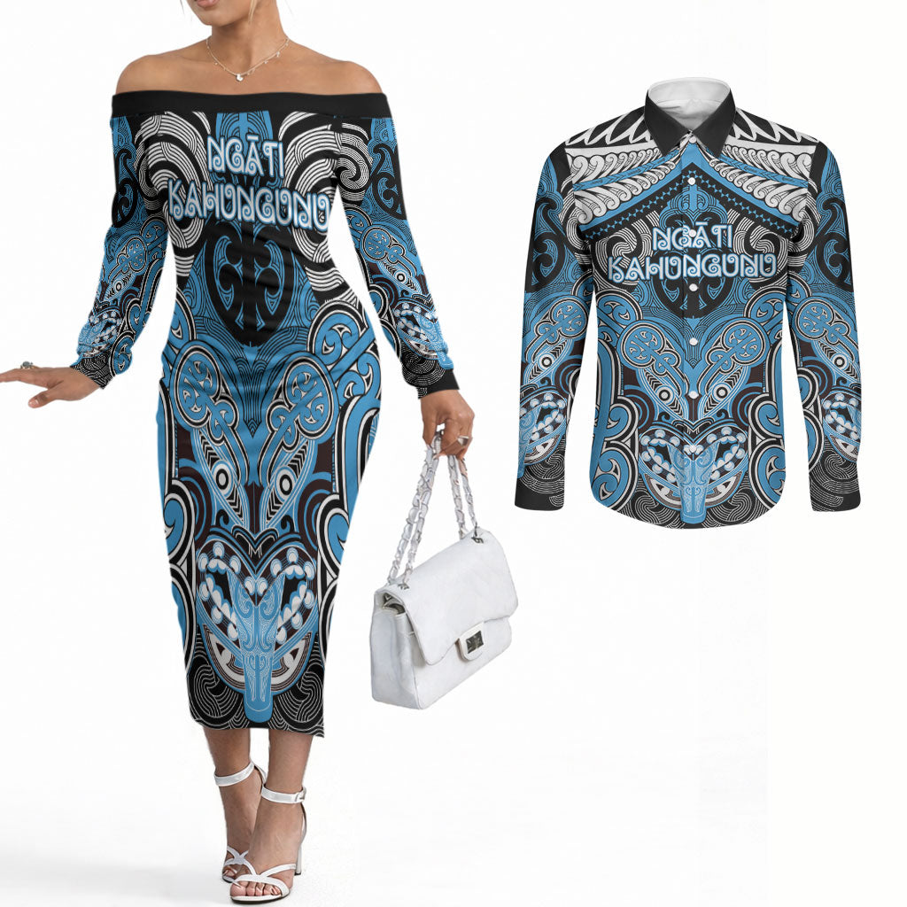 Aotearoa Iwi Ngati Kahungunu Personalised Couples Matching Off The Shoulder Long Sleeve Dress and Long Sleeve Button Shirt Maori Kowhaiwhai Pattern LT19 Blue - Polynesian Pride
