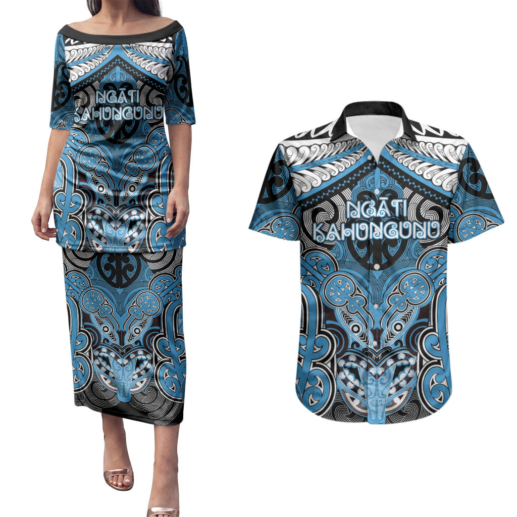 Aotearoa Iwi Ngati Kahungunu Personalised Couples Matching Puletasi and Hawaiian Shirt Maori Kowhaiwhai Pattern LT19 Blue - Polynesian Pride