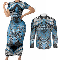 Aotearoa Iwi Ngati Kahungunu Personalised Couples Matching Short Sleeve Bodycon Dress and Long Sleeve Button Shirt Maori Kowhaiwhai Pattern LT19 Blue - Polynesian Pride