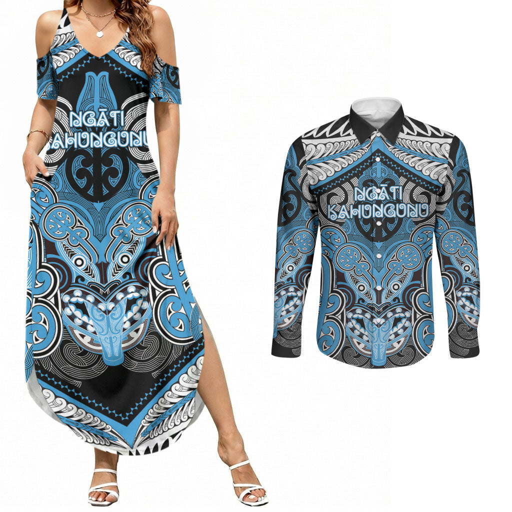 Aotearoa Iwi Ngati Kahungunu Personalised Couples Matching Summer Maxi Dress and Long Sleeve Button Shirt Maori Kowhaiwhai Pattern LT19 Blue - Polynesian Pride