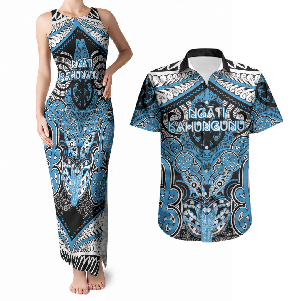 Aotearoa Iwi Ngati Kahungunu Personalised Couples Matching Tank Maxi Dress and Hawaiian Shirt Maori Kowhaiwhai Pattern LT19 Blue - Polynesian Pride