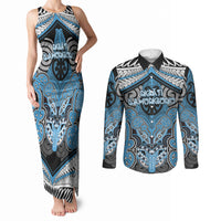 Aotearoa Iwi Ngati Kahungunu Personalised Couples Matching Tank Maxi Dress and Long Sleeve Button Shirt Maori Kowhaiwhai Pattern LT19 Blue - Polynesian Pride