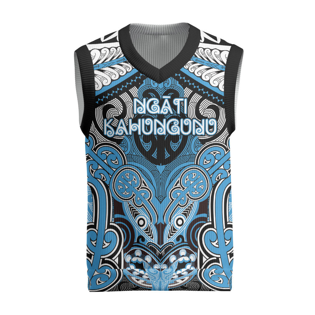 Aotearoa Iwi Ngati Kahungunu Personalised Christmas Knitted V-Neck Vest Maori Kowhaiwhai Pattern LT19 Blue - Polynesian Pride
