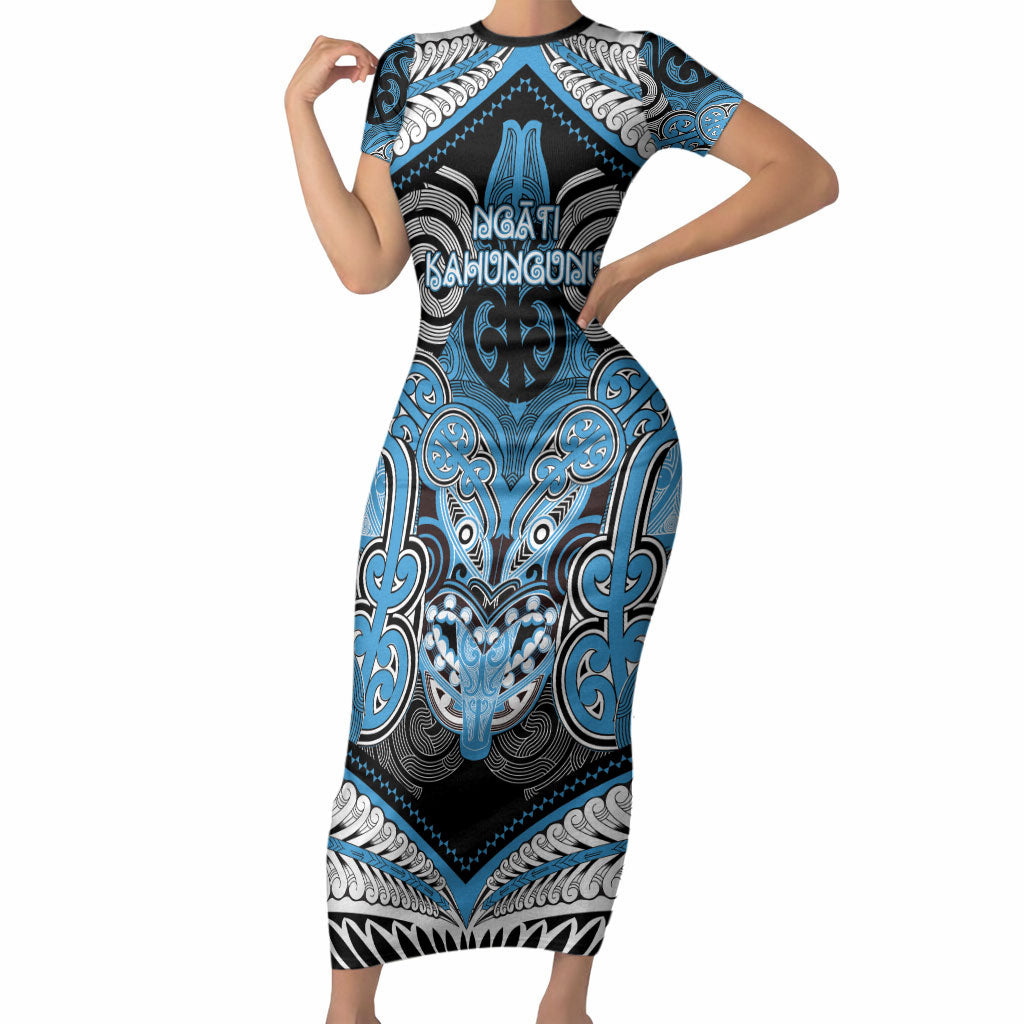 Aotearoa Iwi Ngati Kahungunu Personalised Short Sleeve Bodycon Dress Maori Kowhaiwhai Pattern LT19 Long Dress Blue - Polynesian Pride