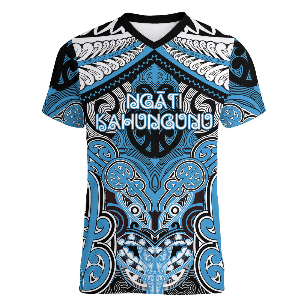 Aotearoa Iwi Ngati Kahungunu Personalised Women V-Neck T-Shirt Maori Kowhaiwhai Pattern LT19 Female Blue - Polynesian Pride