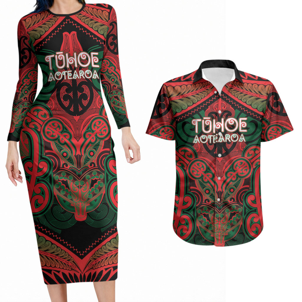 Aotearoa Iwi Tuhoe Personalised Couples Matching Long Sleeve Bodycon Dress and Hawaiian Shirt Maori Kowhaiwhai Pattern LT19 Red - Polynesian Pride