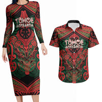 Aotearoa Iwi Tuhoe Personalised Couples Matching Long Sleeve Bodycon Dress and Hawaiian Shirt Maori Kowhaiwhai Pattern LT19 Red - Polynesian Pride