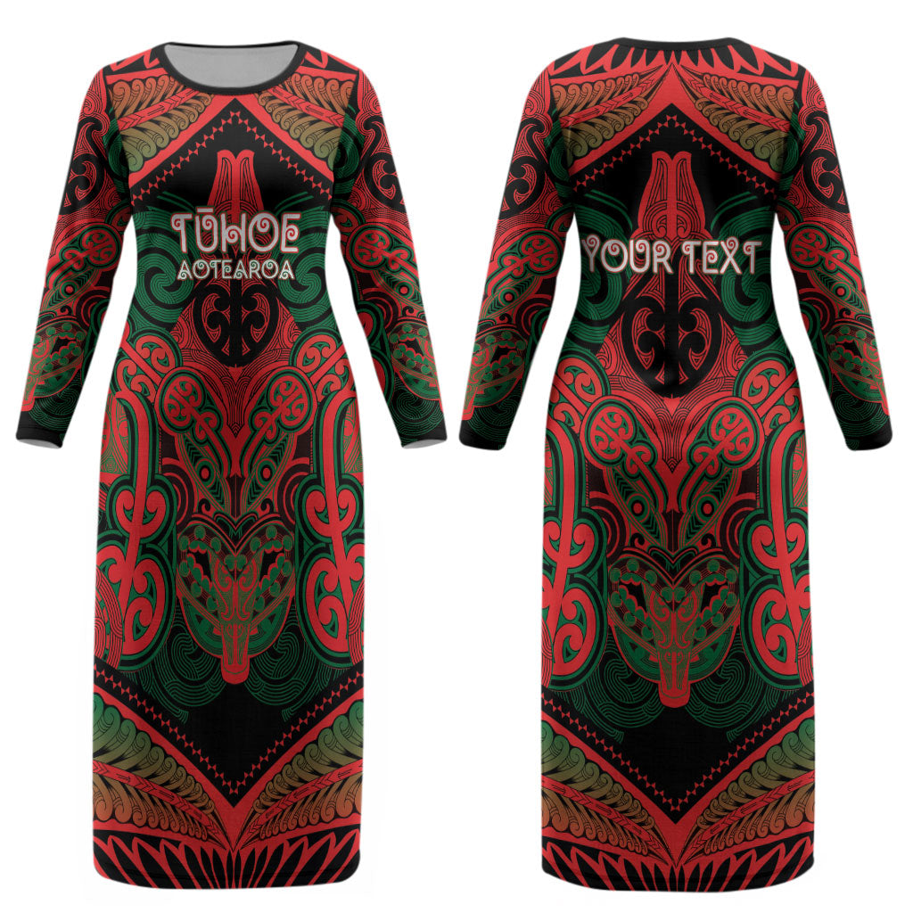 Aotearoa Iwi Tuhoe Personalised Couples Matching Long Sleeve Bodycon Dress and Hawaiian Shirt Maori Kowhaiwhai Pattern LT19 - Polynesian Pride