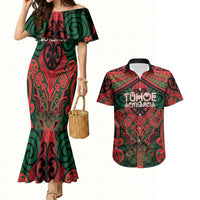 Aotearoa Iwi Tuhoe Personalised Couples Matching Mermaid Dress and Hawaiian Shirt Maori Kowhaiwhai Pattern LT19 Red - Polynesian Pride