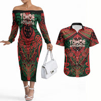 Aotearoa Iwi Tuhoe Personalised Couples Matching Off The Shoulder Long Sleeve Dress and Hawaiian Shirt Maori Kowhaiwhai Pattern LT19 Red - Polynesian Pride