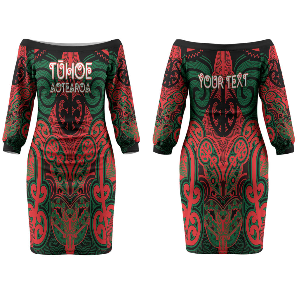 Aotearoa Iwi Tuhoe Personalised Couples Matching Off The Shoulder Long Sleeve Dress and Hawaiian Shirt Maori Kowhaiwhai Pattern LT19 - Polynesian Pride