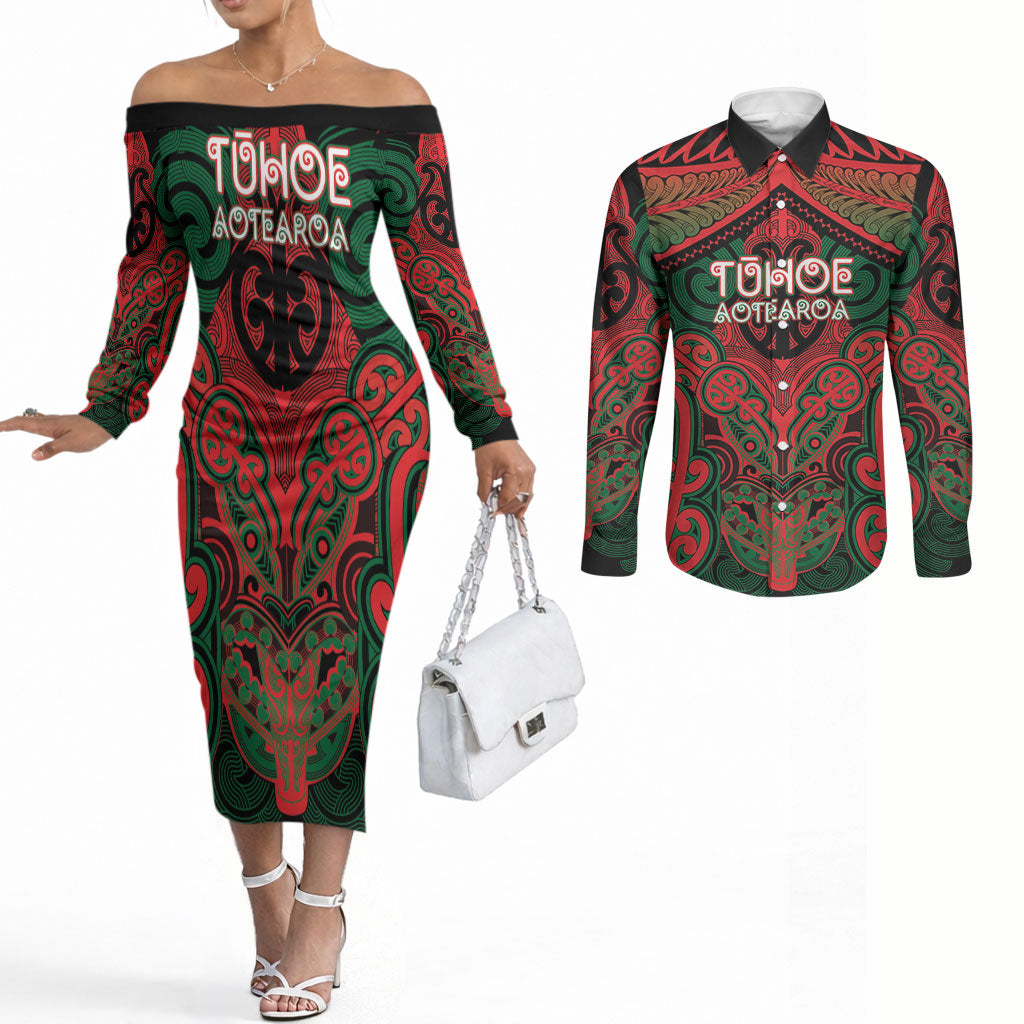 Aotearoa Iwi Tuhoe Personalised Couples Matching Off The Shoulder Long Sleeve Dress and Long Sleeve Button Shirt Maori Kowhaiwhai Pattern LT19 Red - Polynesian Pride