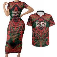 Aotearoa Iwi Tuhoe Personalised Couples Matching Short Sleeve Bodycon Dress and Hawaiian Shirt Maori Kowhaiwhai Pattern LT19 Red - Polynesian Pride