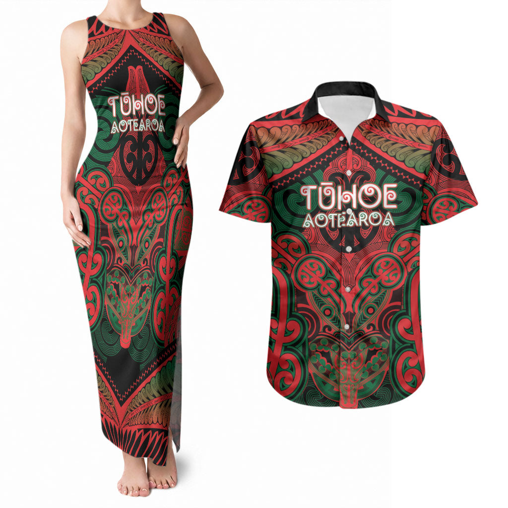 Aotearoa Iwi Tuhoe Personalised Couples Matching Tank Maxi Dress and Hawaiian Shirt Maori Kowhaiwhai Pattern LT19 Red - Polynesian Pride