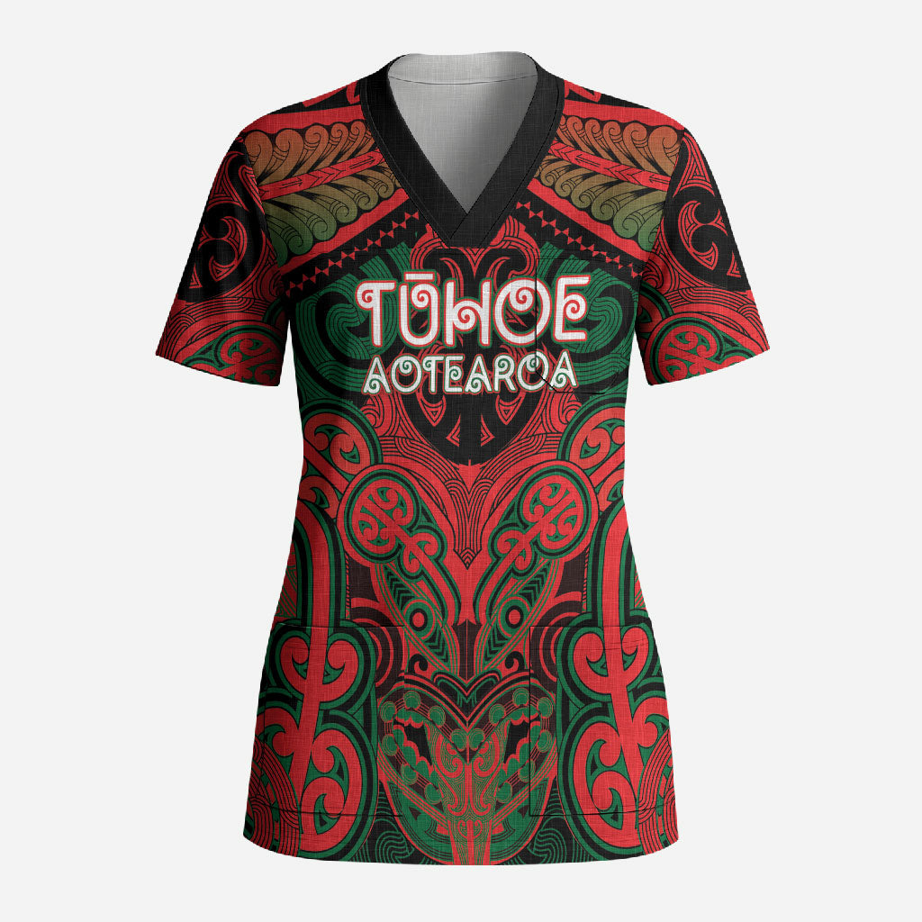 Aotearoa Iwi Tuhoe Personalised Scrub Top Maori Kowhaiwhai Pattern LT19 Adult Red - Polynesian Pride
